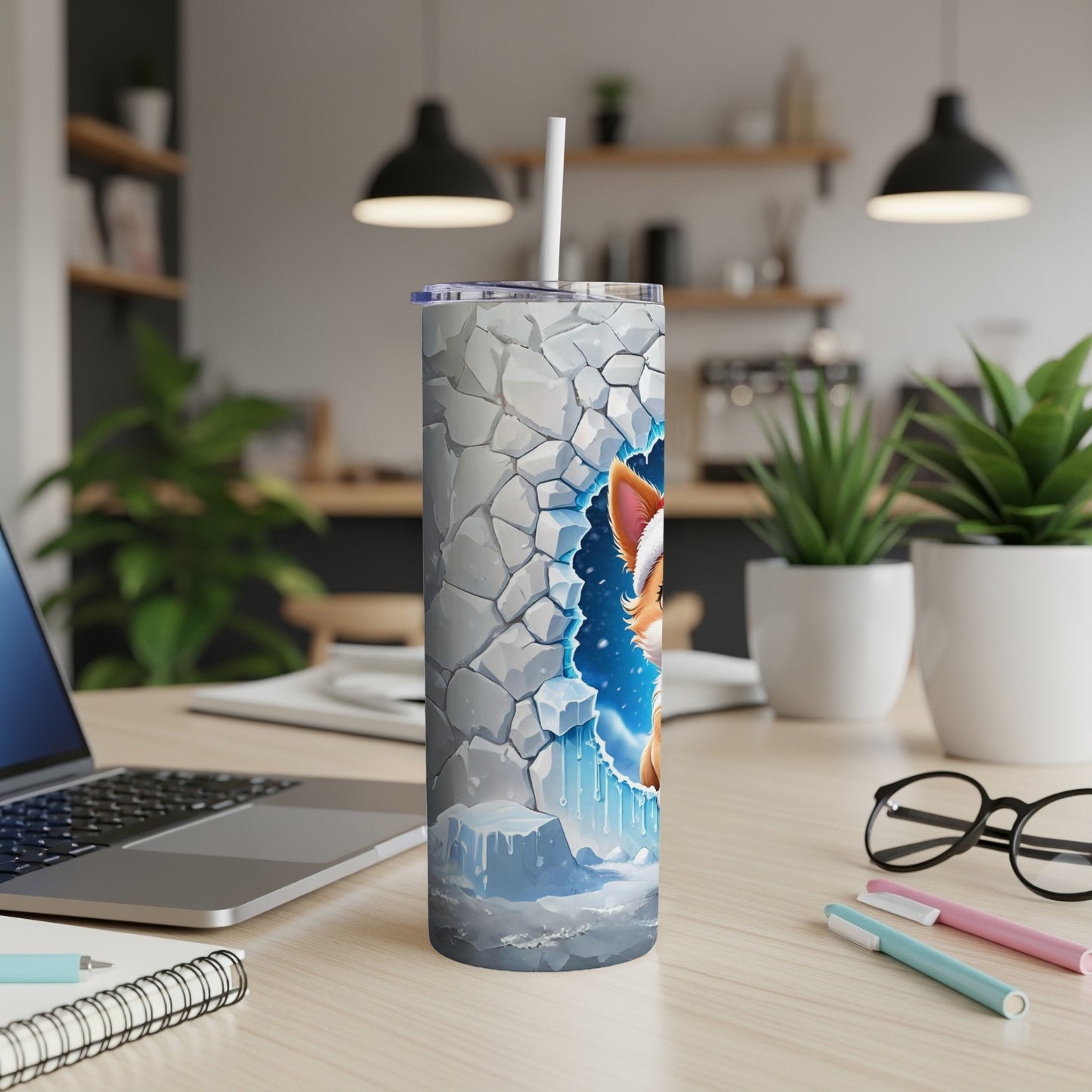 Corrugated tumbler with cracked ice and a dog wearing a Santa hat.