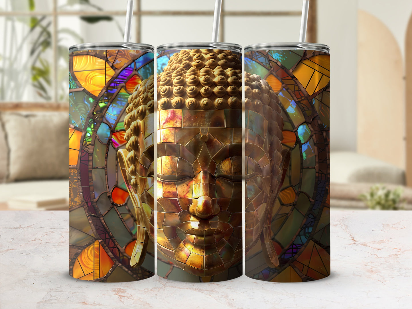 Golden Buddha face with stained glass background on three tumblers.