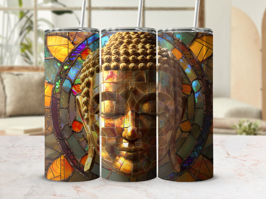 Golden Buddha face with stained glass background on three tumblers.