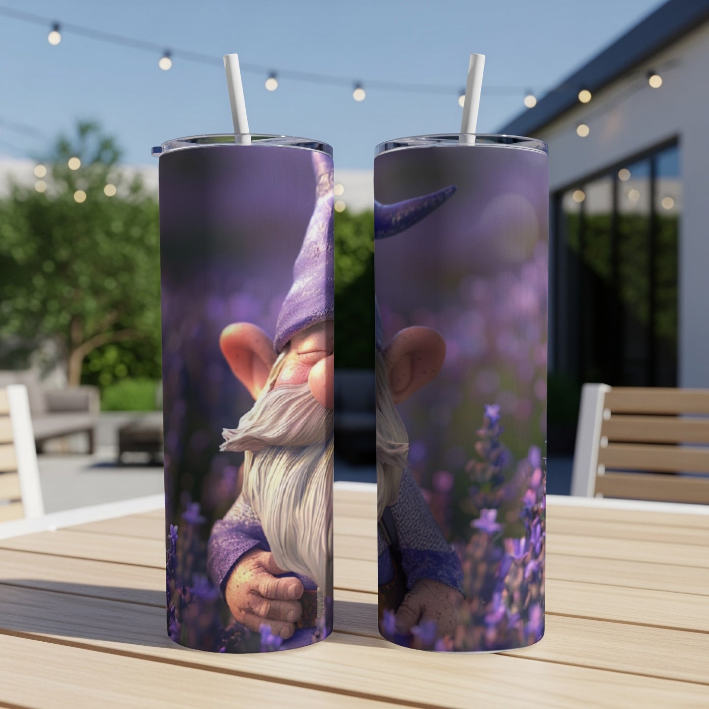Gnome with purple hat and lavender field background on two tumblers.