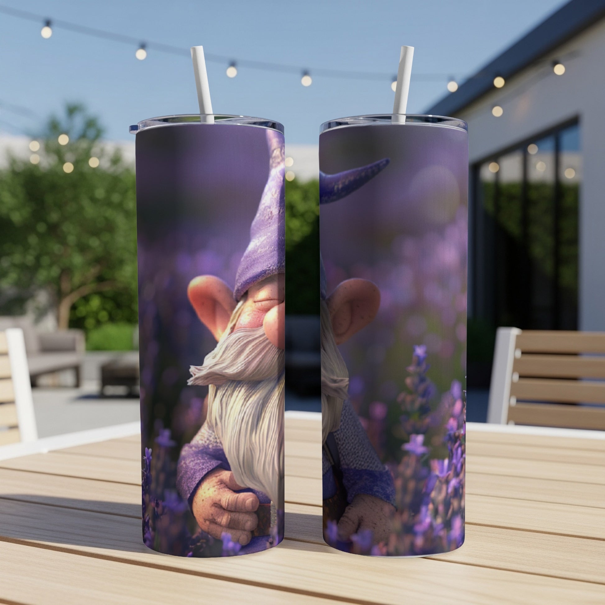 Gnome with purple hat and lavender field background on two tumblers.