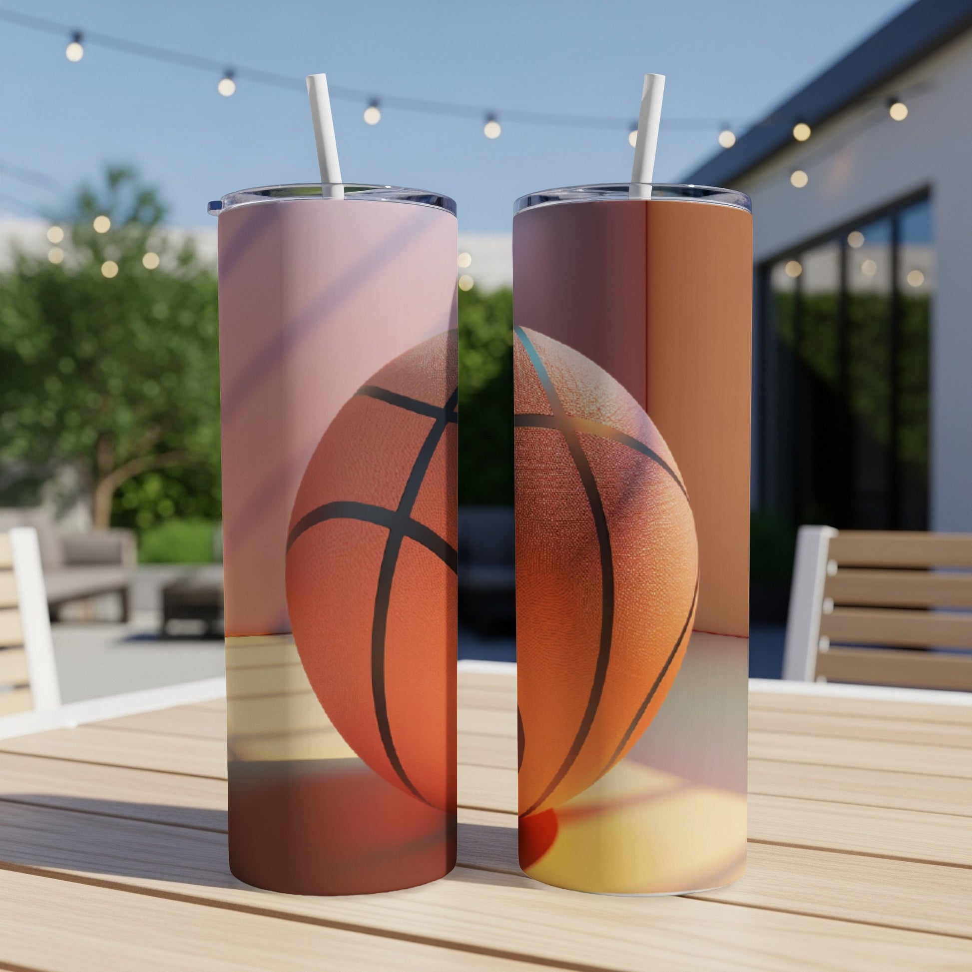 Two basketball-themed tumblers with straws on a wooden table outdoors.