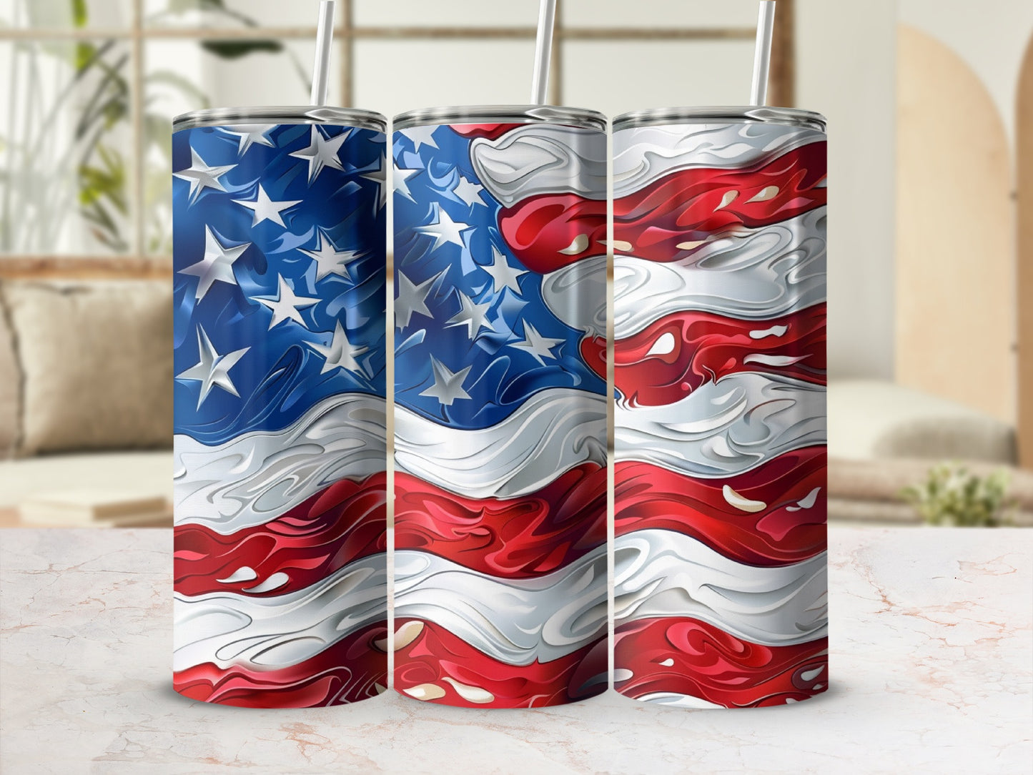 Three tumblers featuring a distressed American flag design.