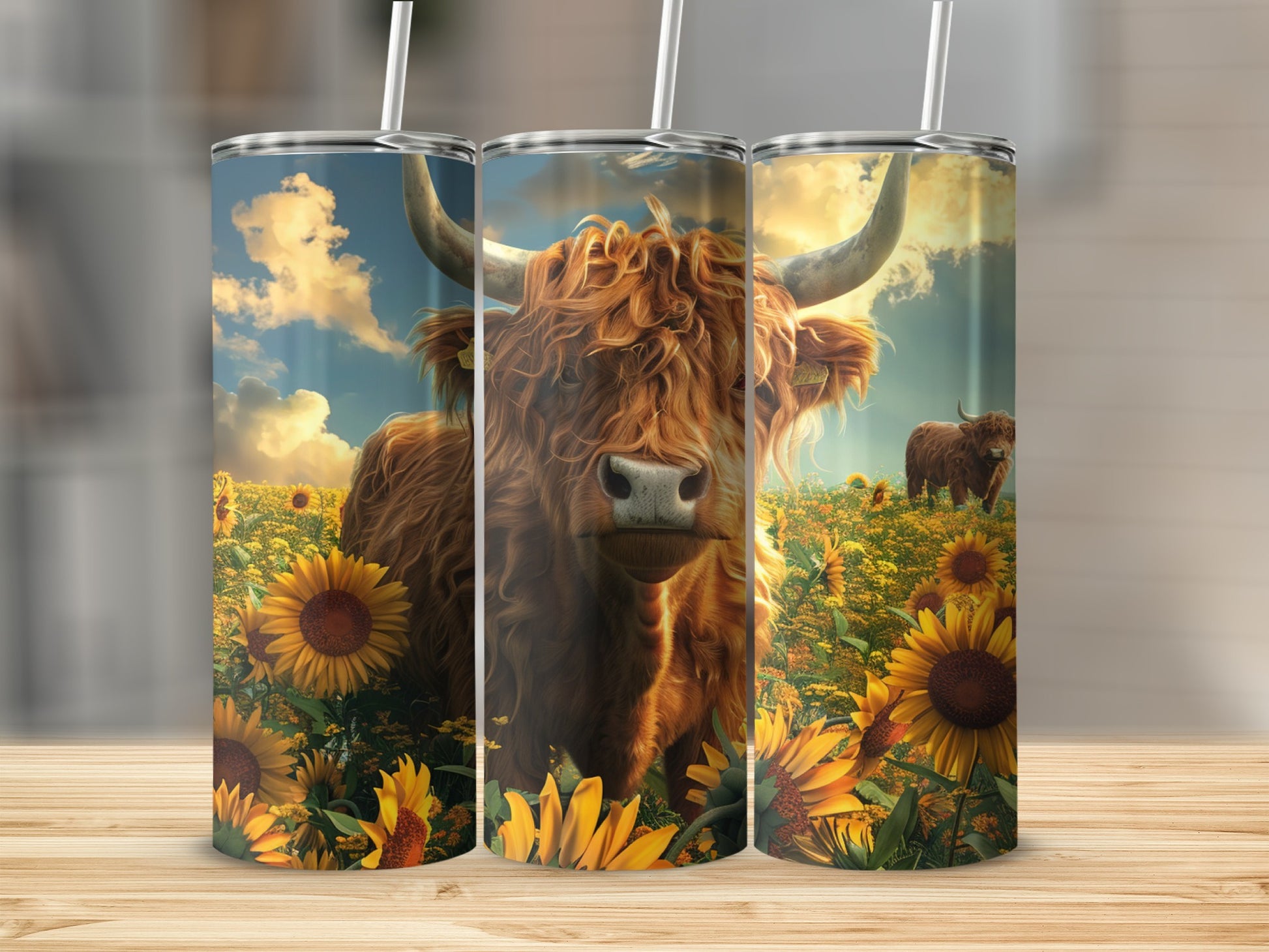 Highland cow with horns in a sunflower field.