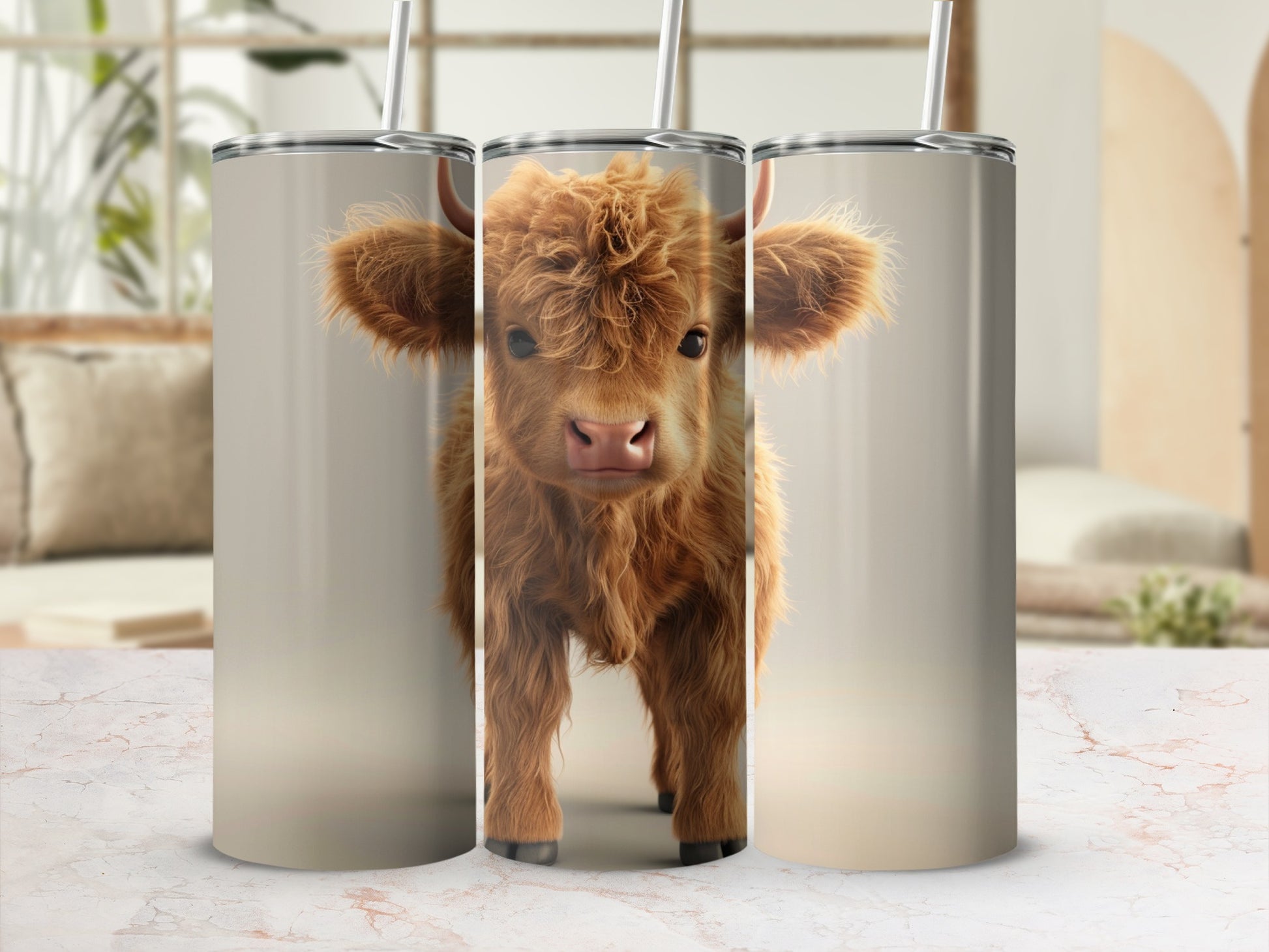 Fluffy Highland cow calf tumbler with straw.