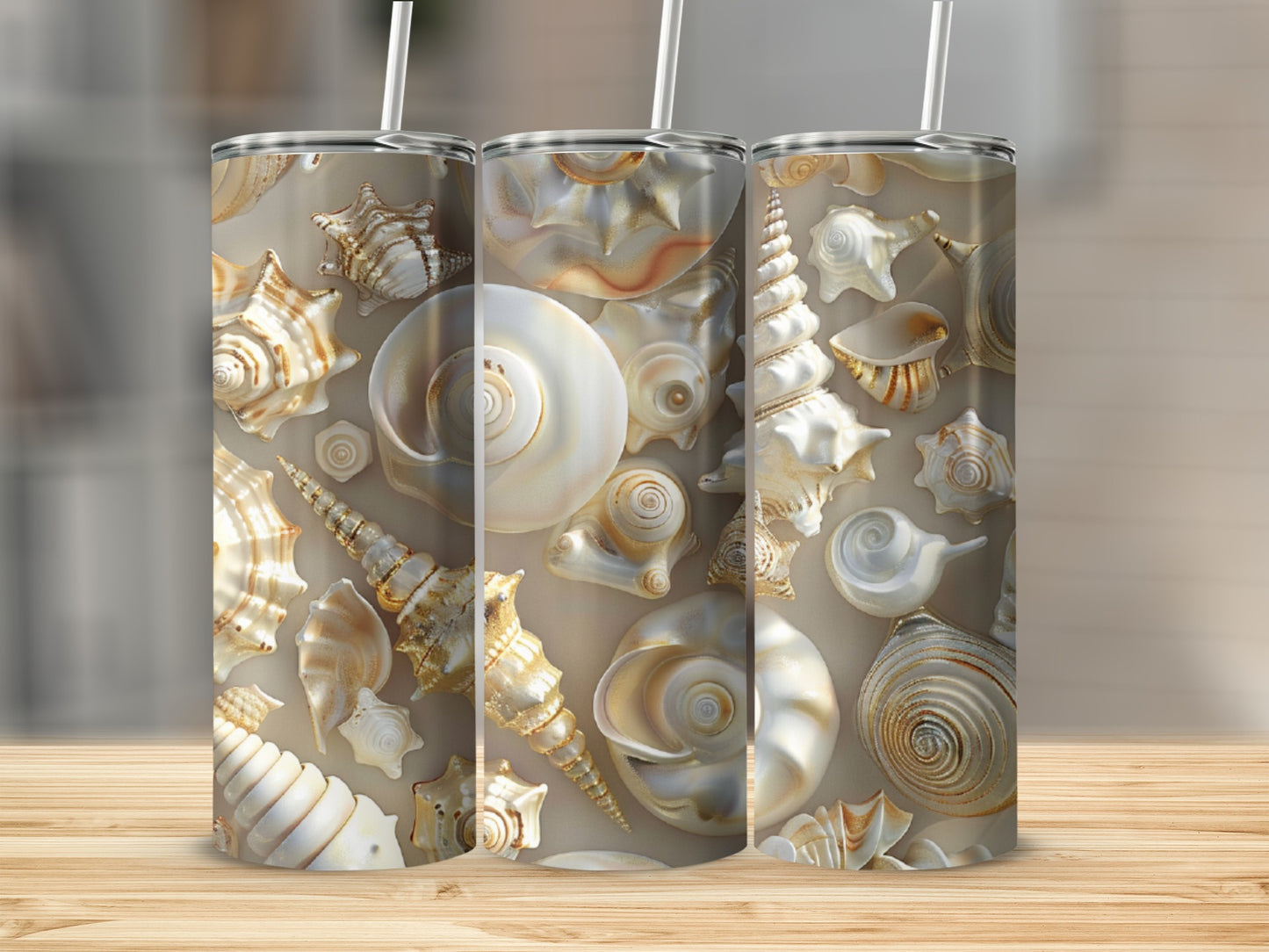 Three tumblers with a detailed seashell pattern.