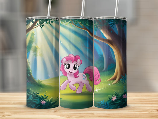Pinkie Pie from My Little Pony in a sunlit forest scene.
