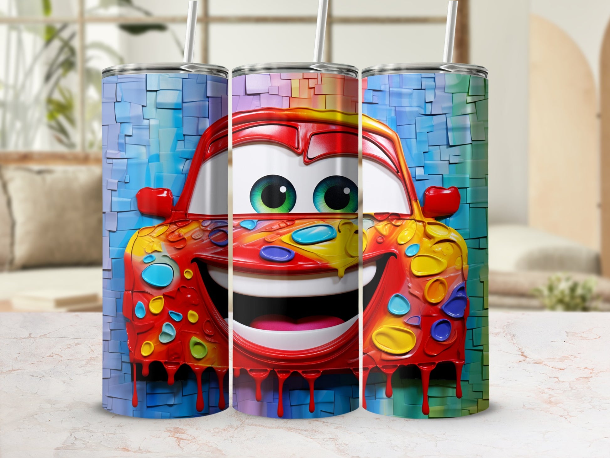 Colorful Cartoon Car Graphic Tumbler with Straw Accessory