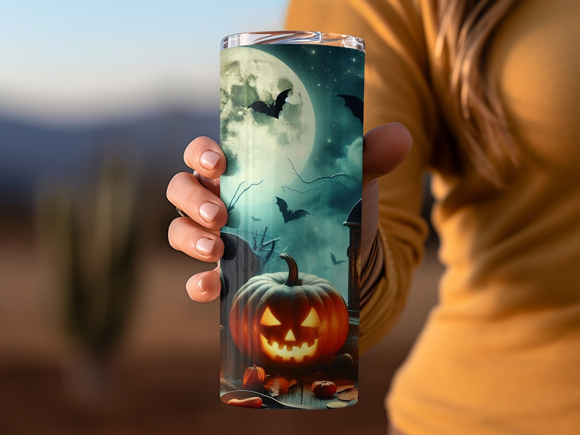 Halloween-Themed Tumbler with Pumpkin and Bats Design