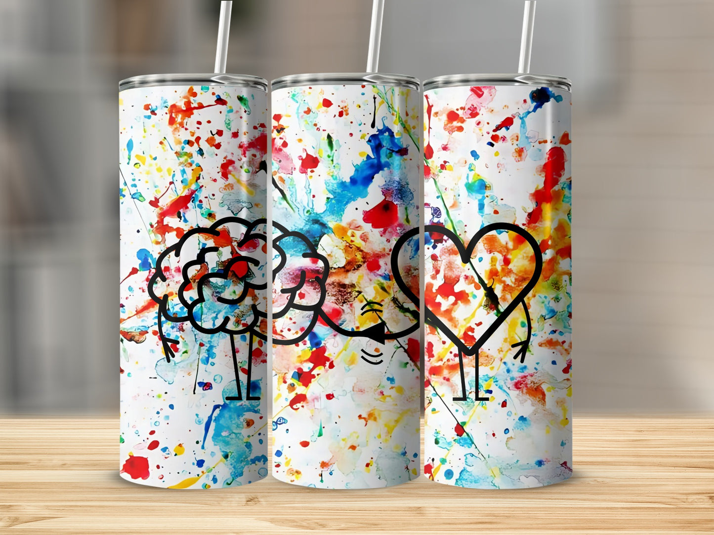 Vibrant Art Splatter Tumbler with Heart and Brain Design