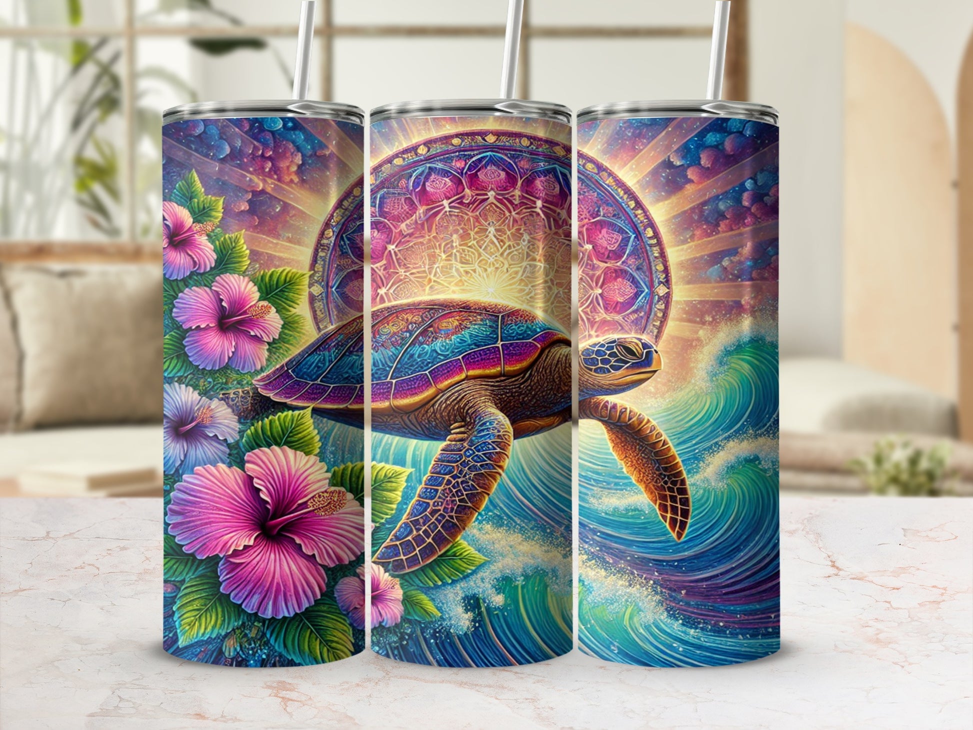 Vibrant Turtle and Floral Design Insulated Tumbler