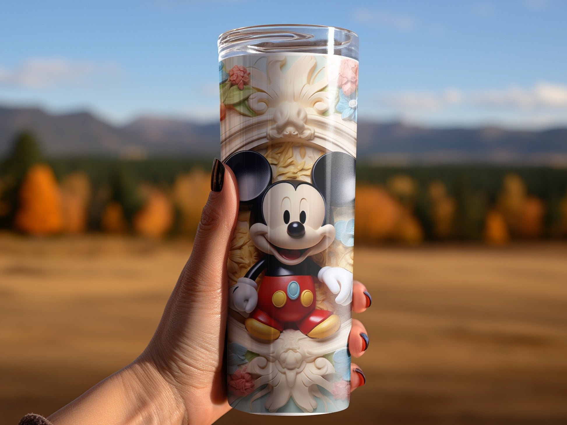 Charming Disney Mickey Mouse Tumbler with Scenic Background