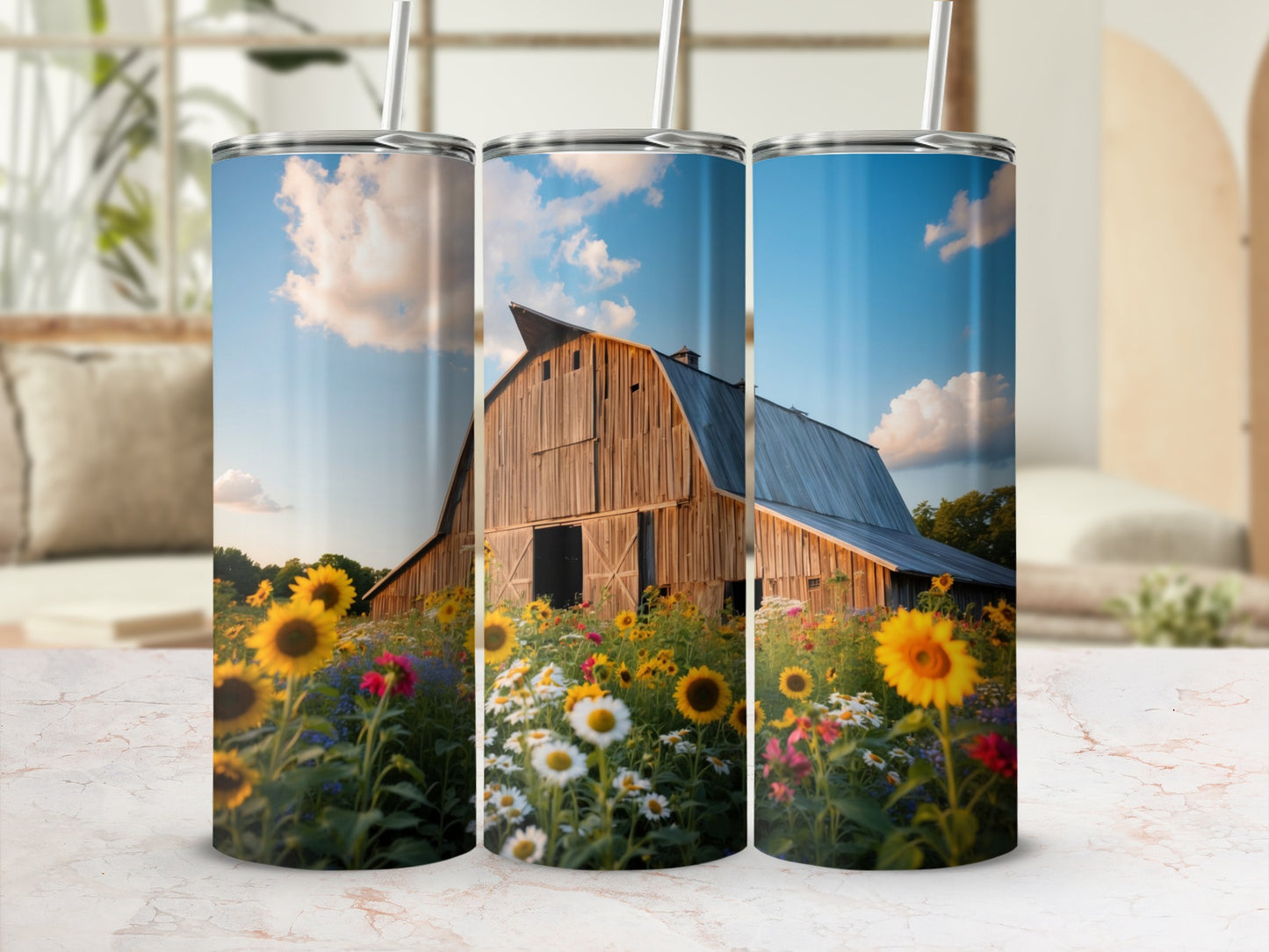 Three tumblers displaying a rustic barn surrounded by sunflowers and wildflowers.