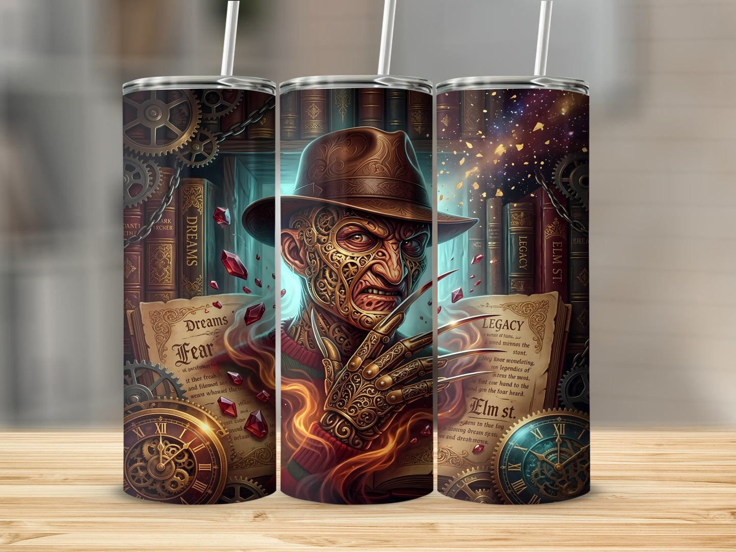 Freddy Krueger artwork on a tumbler with books, gears, clocks, and swirling flames.