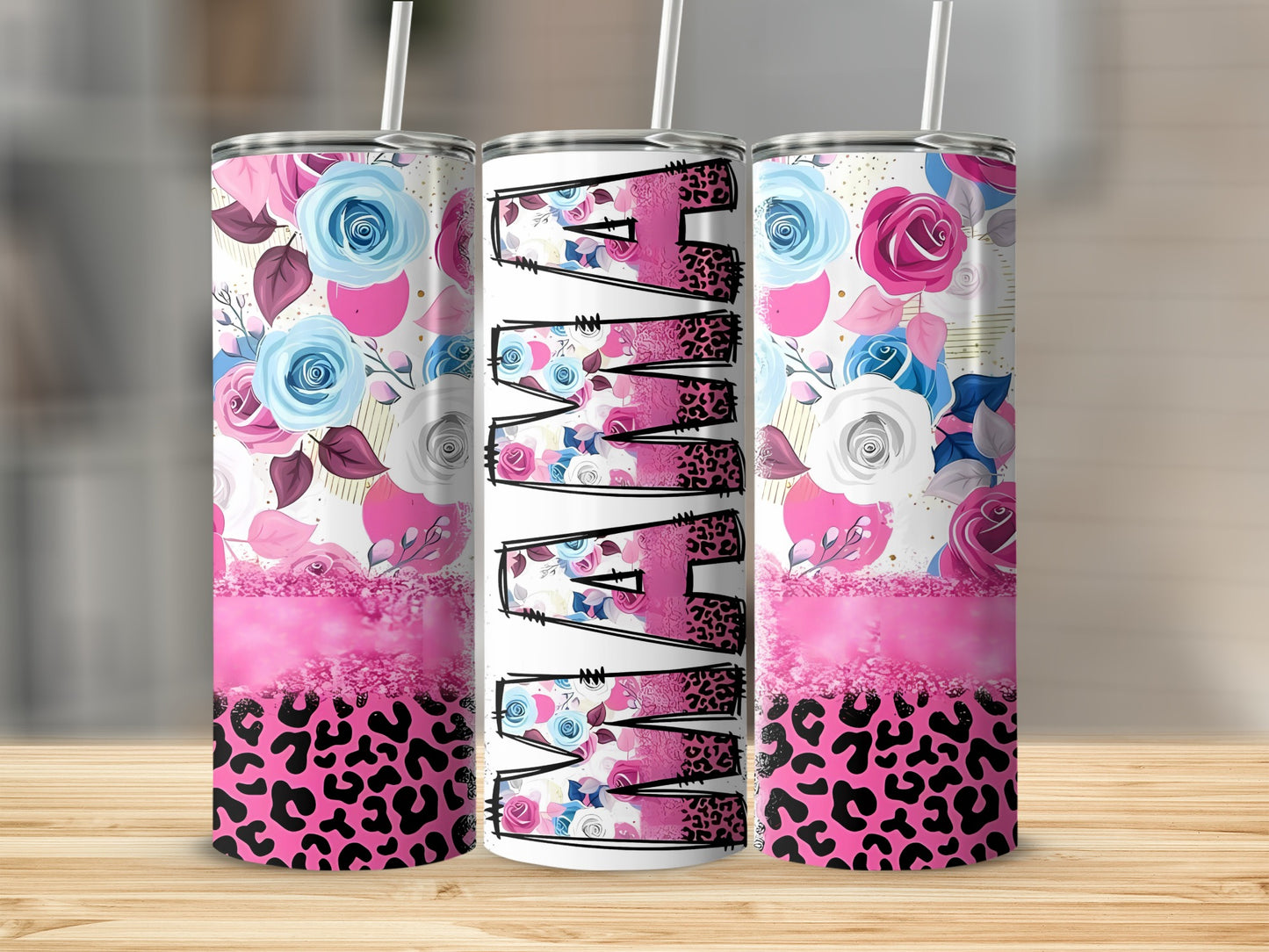 Floral and Leopard Print Personalized Tumbler Design