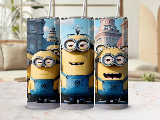 Three Minions in blue overalls on a marble countertop with city buildings in background.