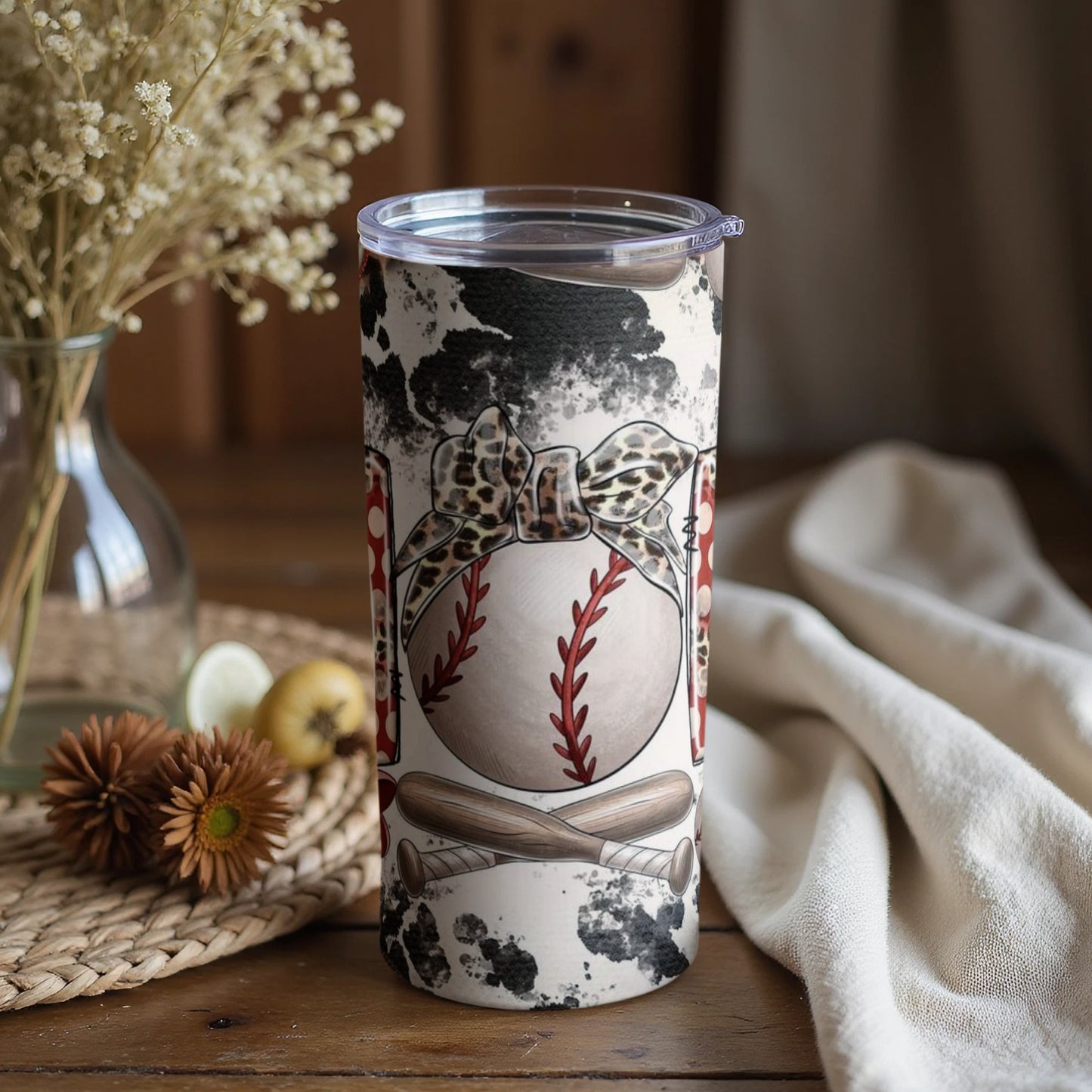 Cute Baseball Design with Bows and Bats Tumbler Cup