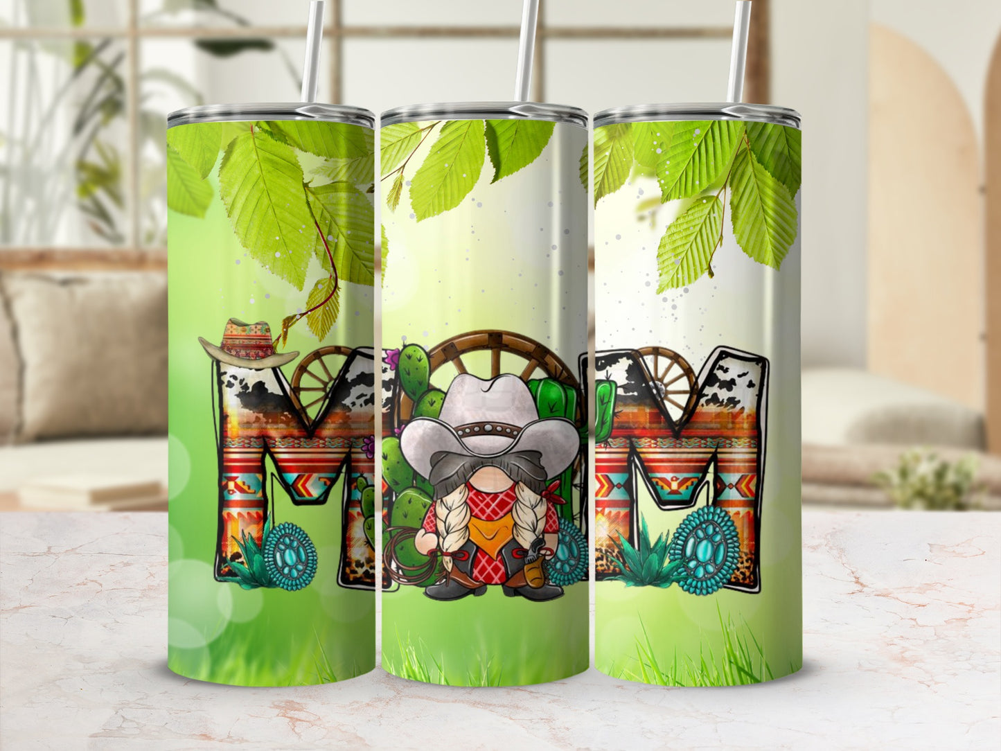 Personalized Western Cowgirl Tumbler with Green Leaves