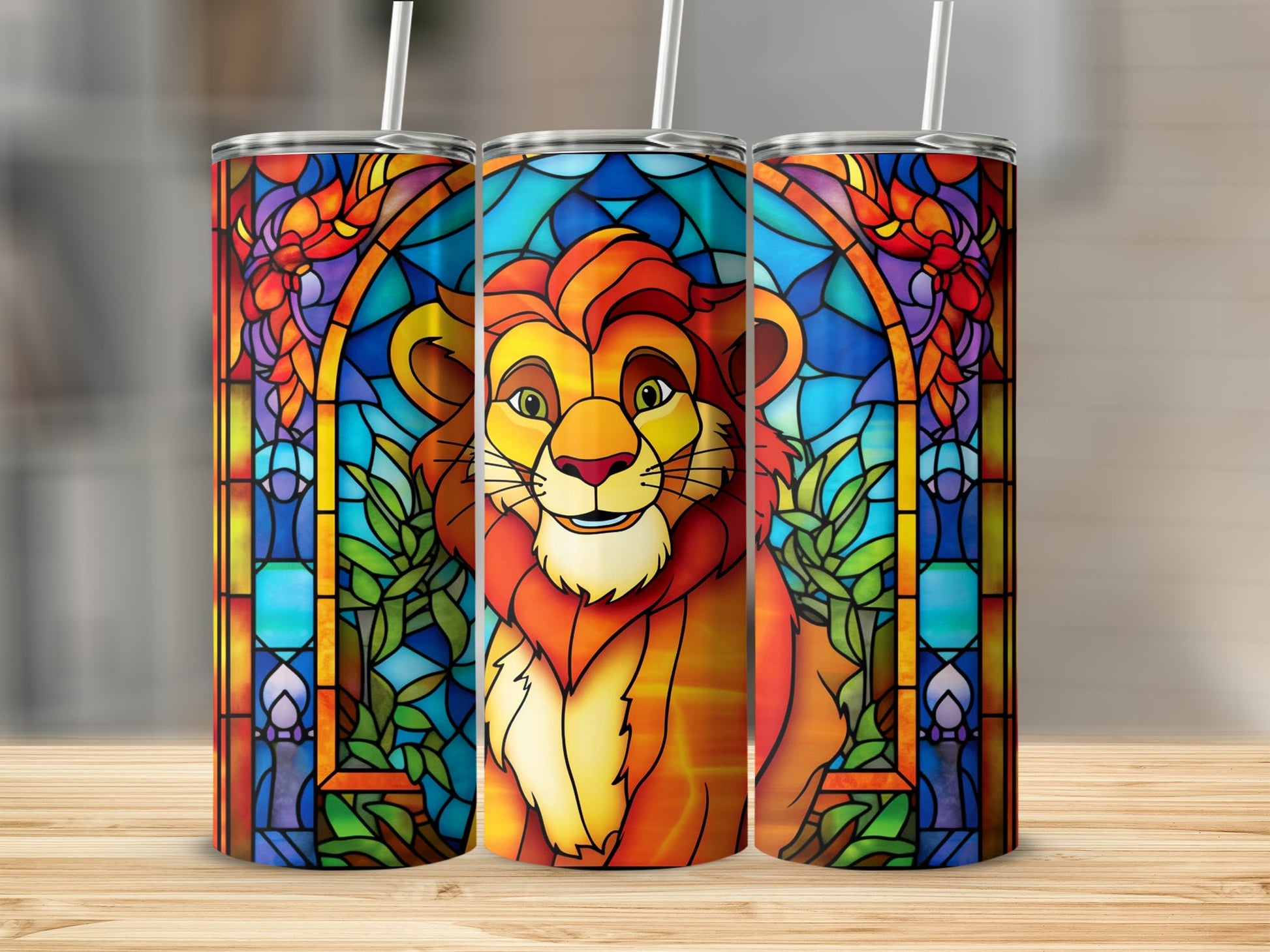 Vibrant Lion King Stained Glass Design Tumbler Cup