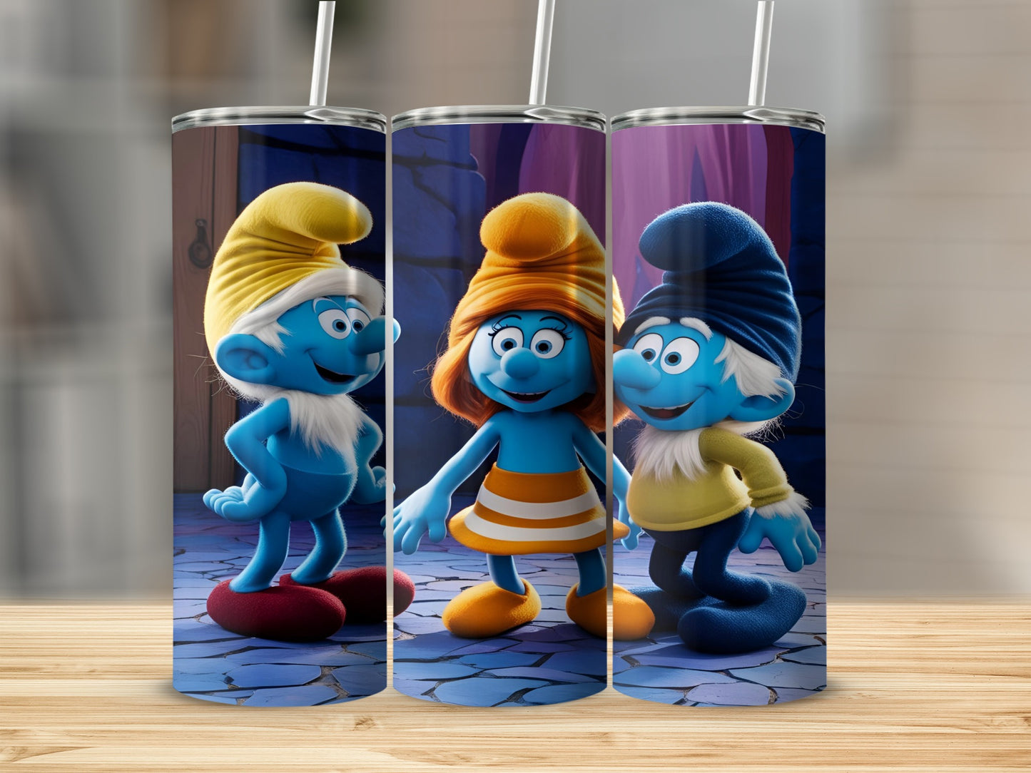 Three Smurfs, Smurfette in the middle, stand against a blue forest background.