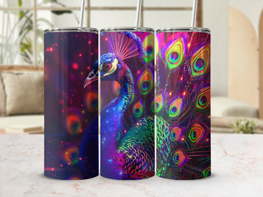 Triptych of vibrant, artistic peacock designs on cylindrical tumblers.