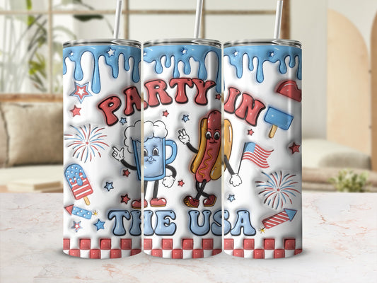 Patriotic tumbler with hot dog, mug, fireworks, and "Party in the USA" text.