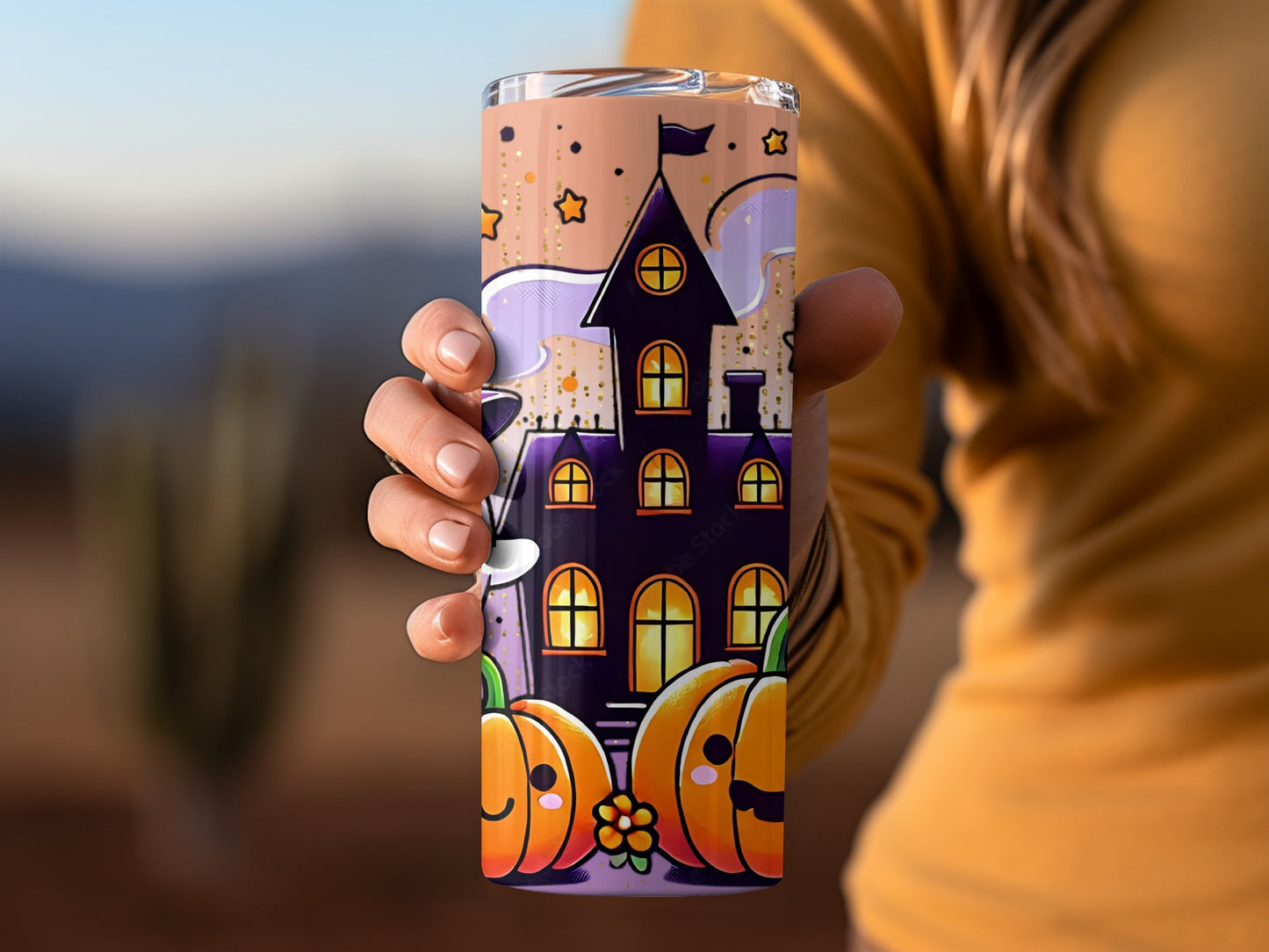 Festive Halloween Haunted House with Pumpkins Tumbler