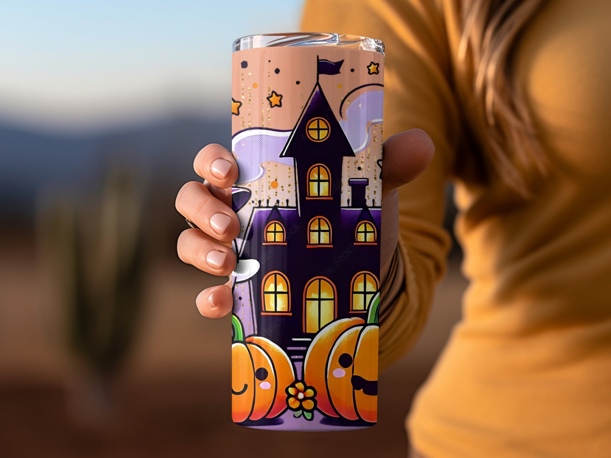 Festive Halloween Haunted House with Pumpkins Tumbler