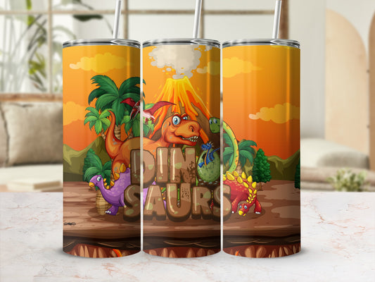 Colorful Dinosaur Themed Tumbler With Straw Flask