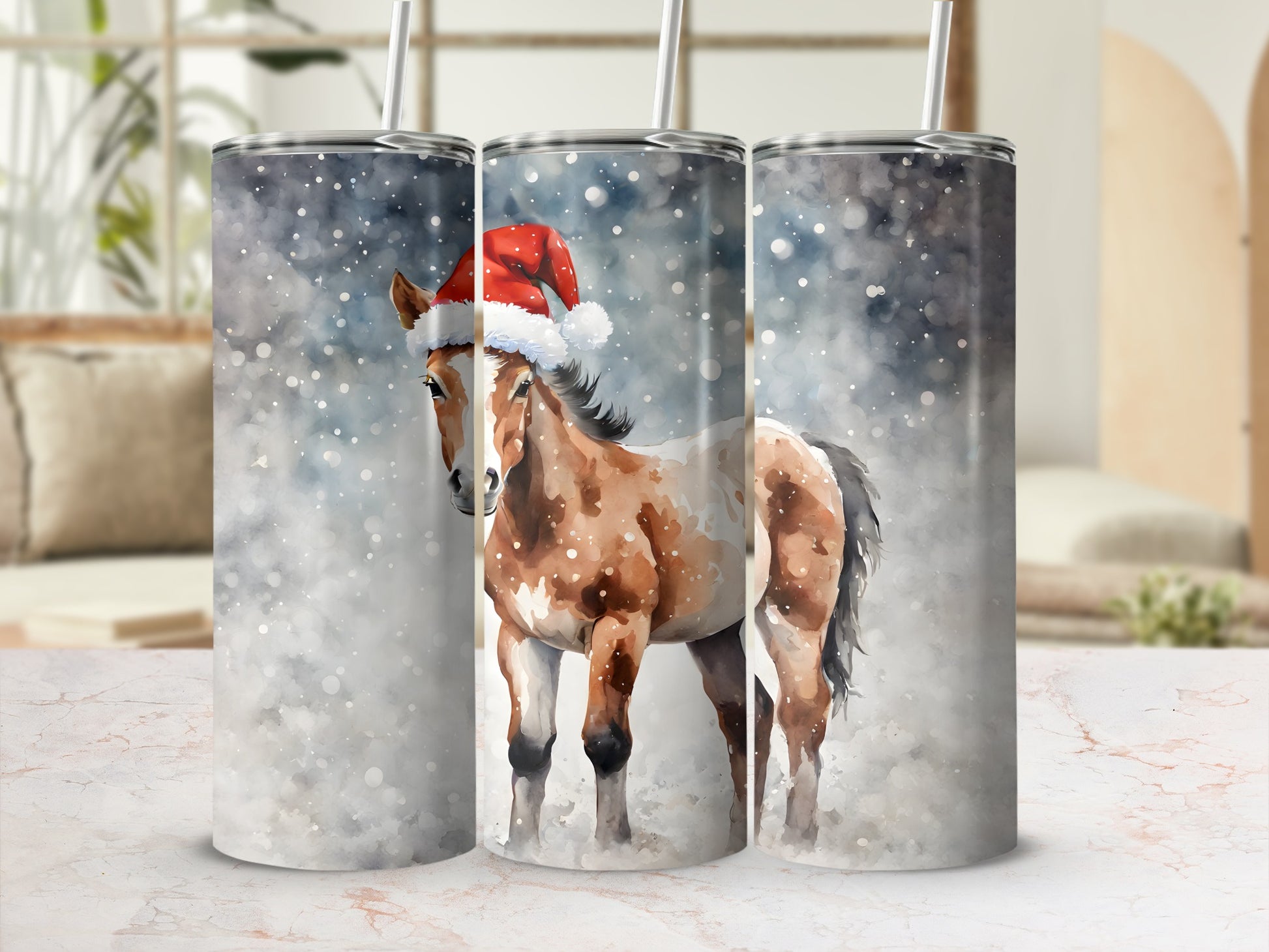 Brown and white horse wearing a Santa hat in a snowy scene.