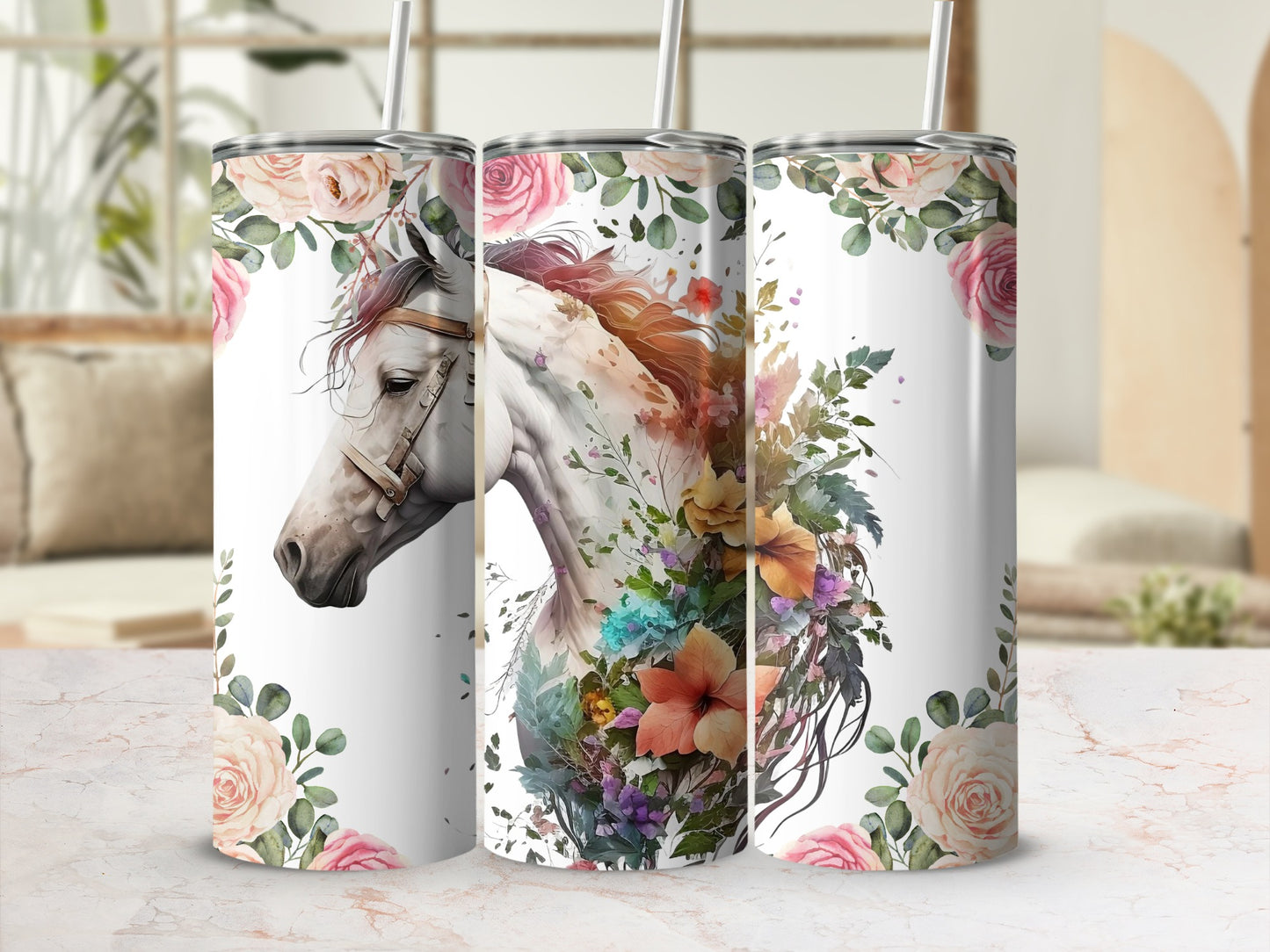 Colorful Floral Horse Skinny Tumbler with Lid