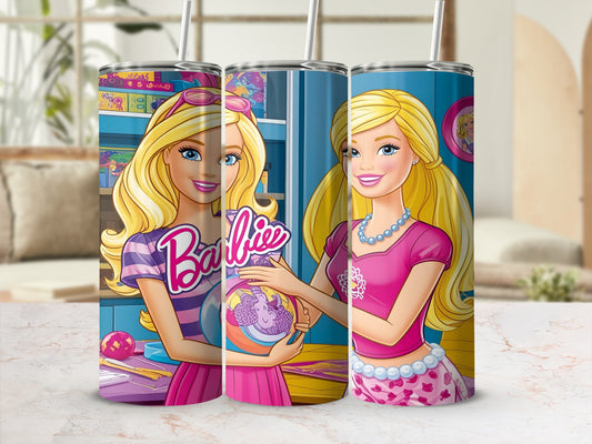 Barbie holding a colorful jar with a cat, standing with another Barbie.