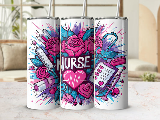 Nurse tumbler with pink roses, stethoscope, and medical icons.