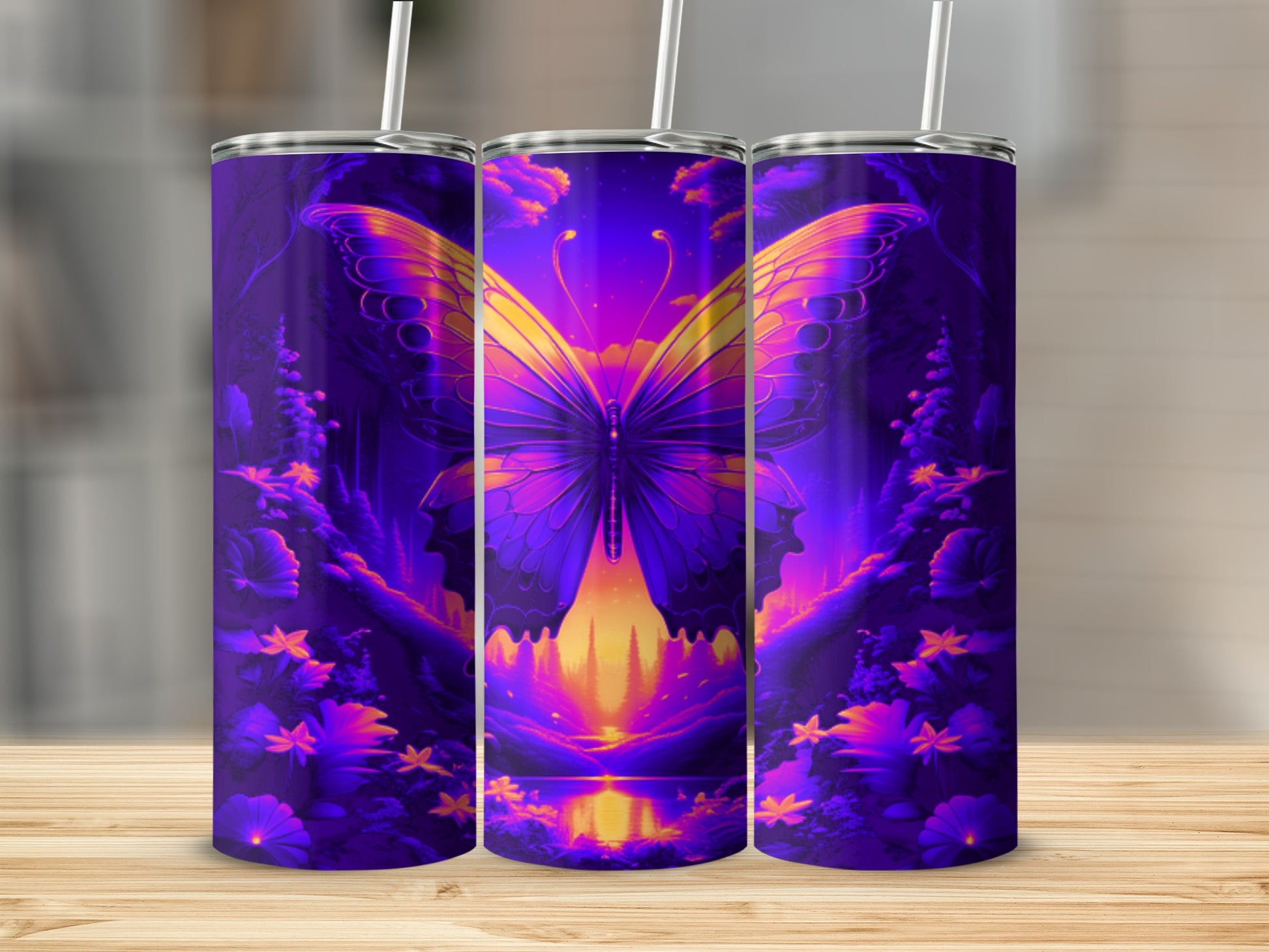 Purple tumbler with a vibrant, glowing butterfly and colorful floral landscape.