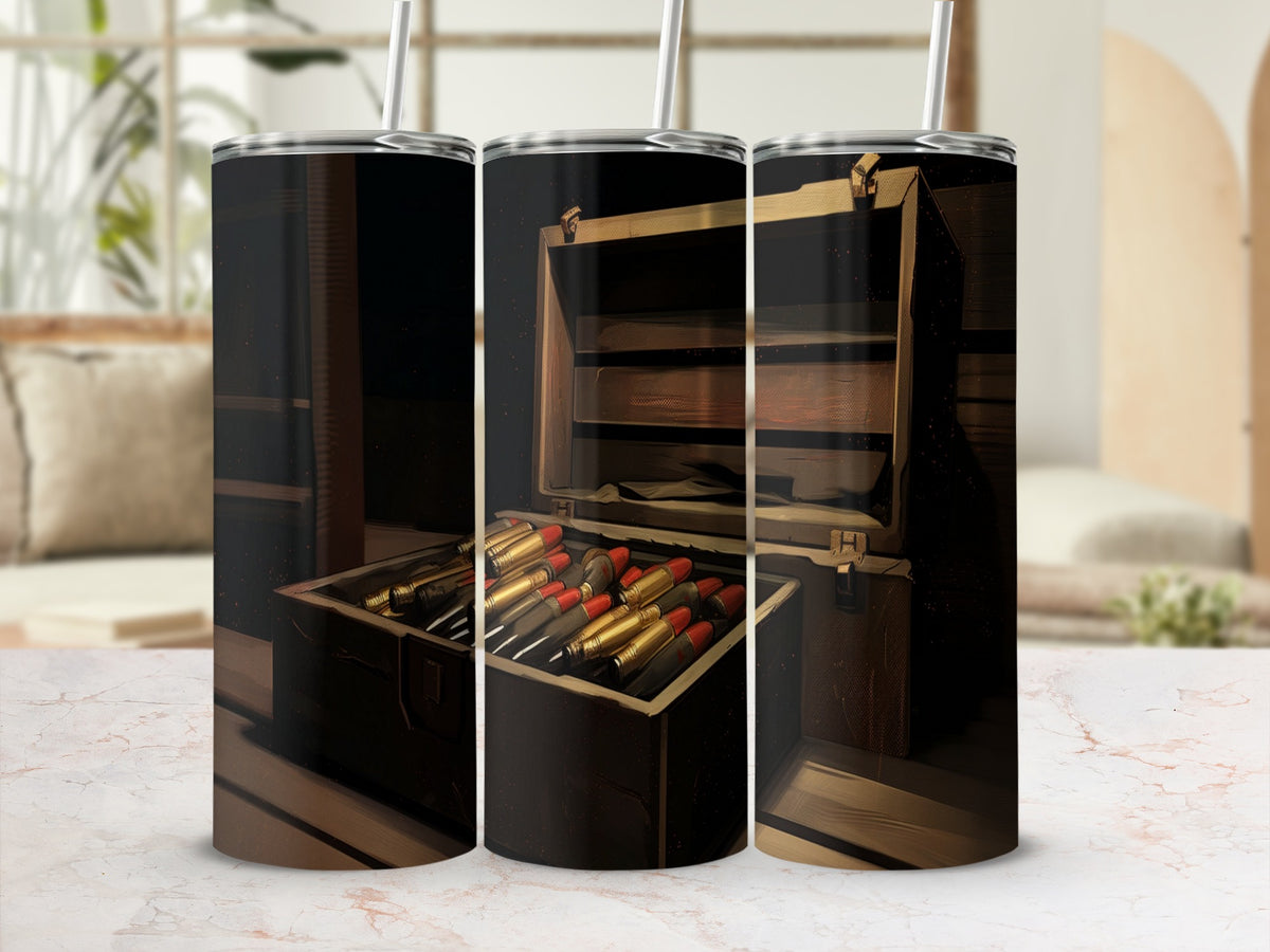 Tumblers featuring a dark background with a wooden ammo box filled with gold and red bullets.