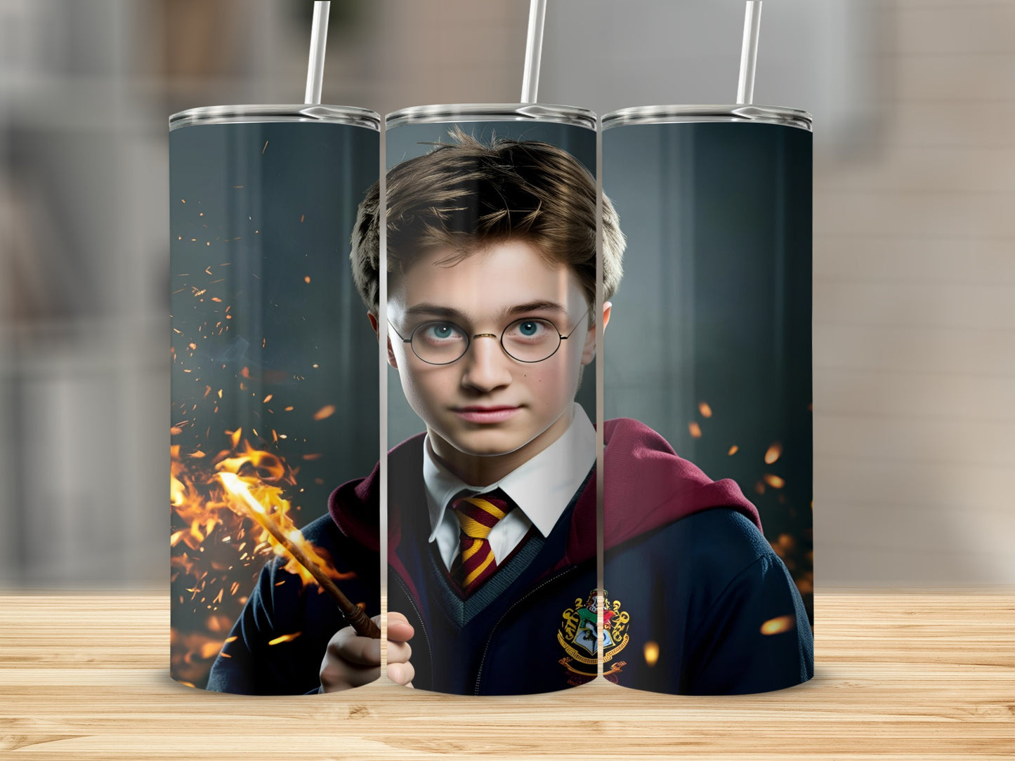 Harry Potter with wand casting a spell, wearing Gryffindor uniform.
