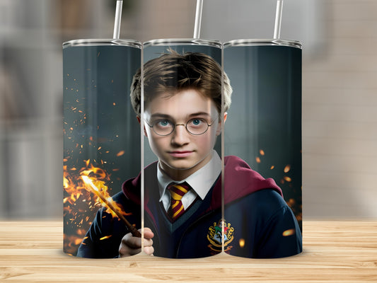 Harry Potter with wand casting a spell, wearing Gryffindor uniform.