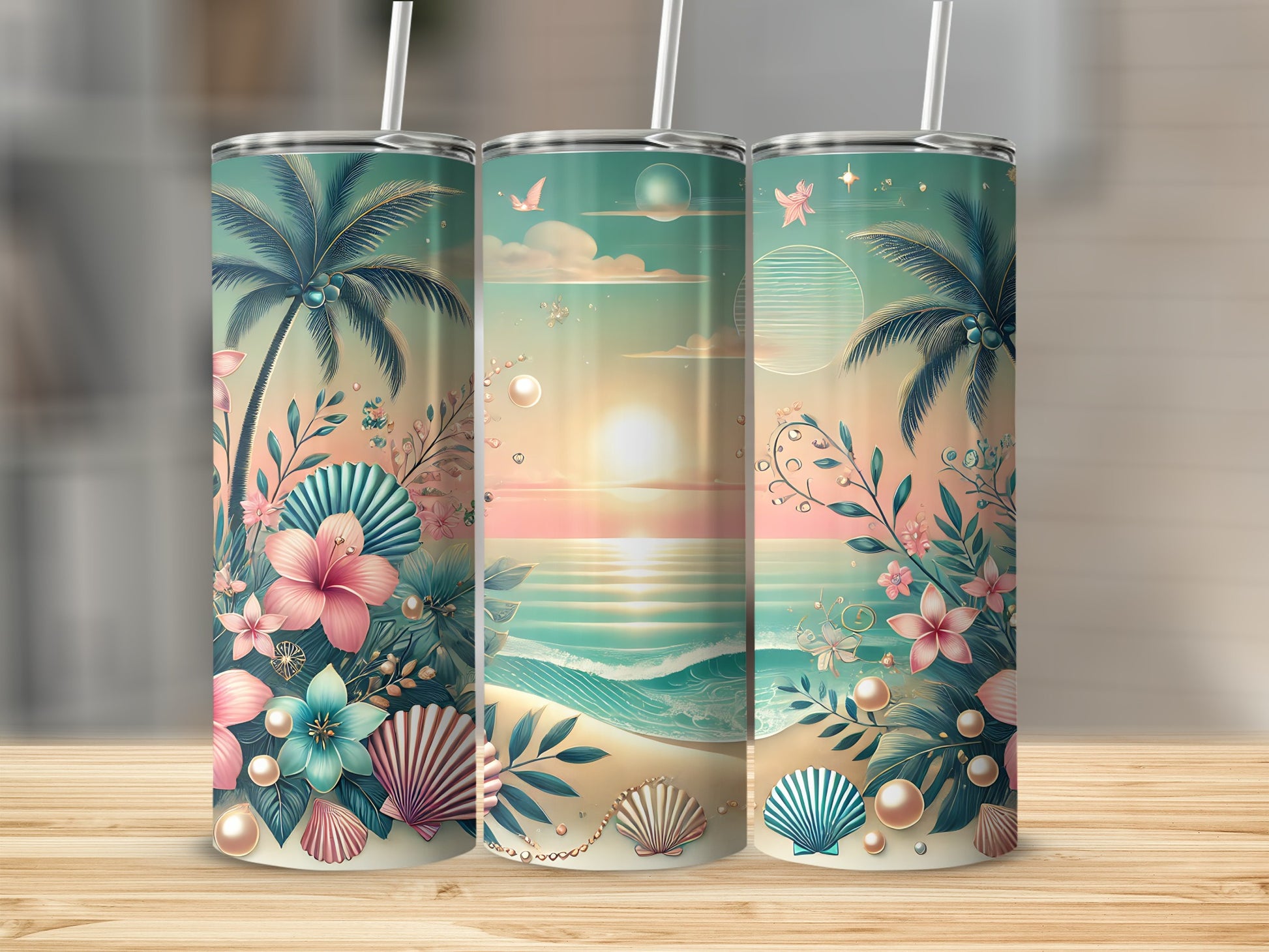 Three tumblers featuring a tropical beach sunset scene with palm trees and seashells.
