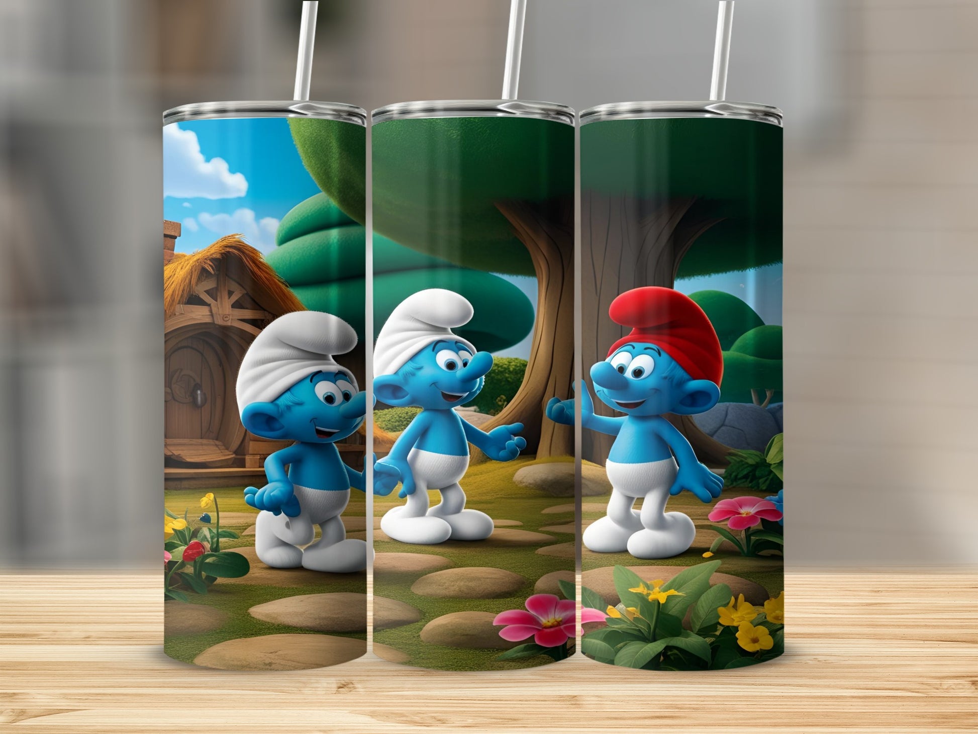 Three Smurfs in a whimsical forest setting with flowers and a Smurf house.