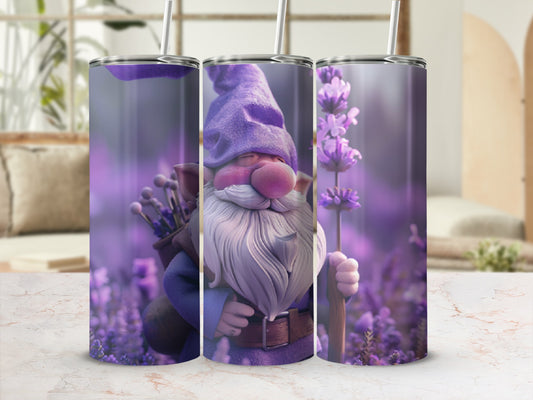 Purple gnome with white beard holding lavender and leaning on a staff.