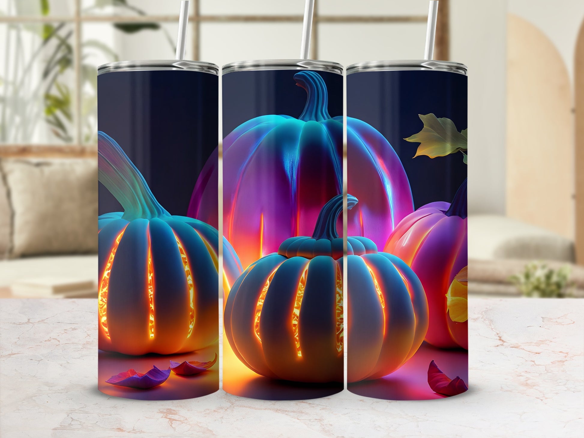Three glowing pumpkins with colorful light on a marble surface.