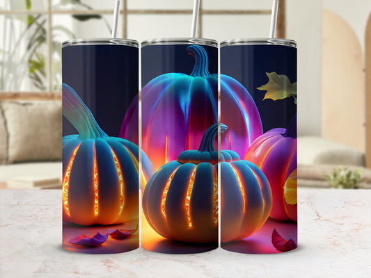 Three glowing pumpkins with colorful light on a marble surface.