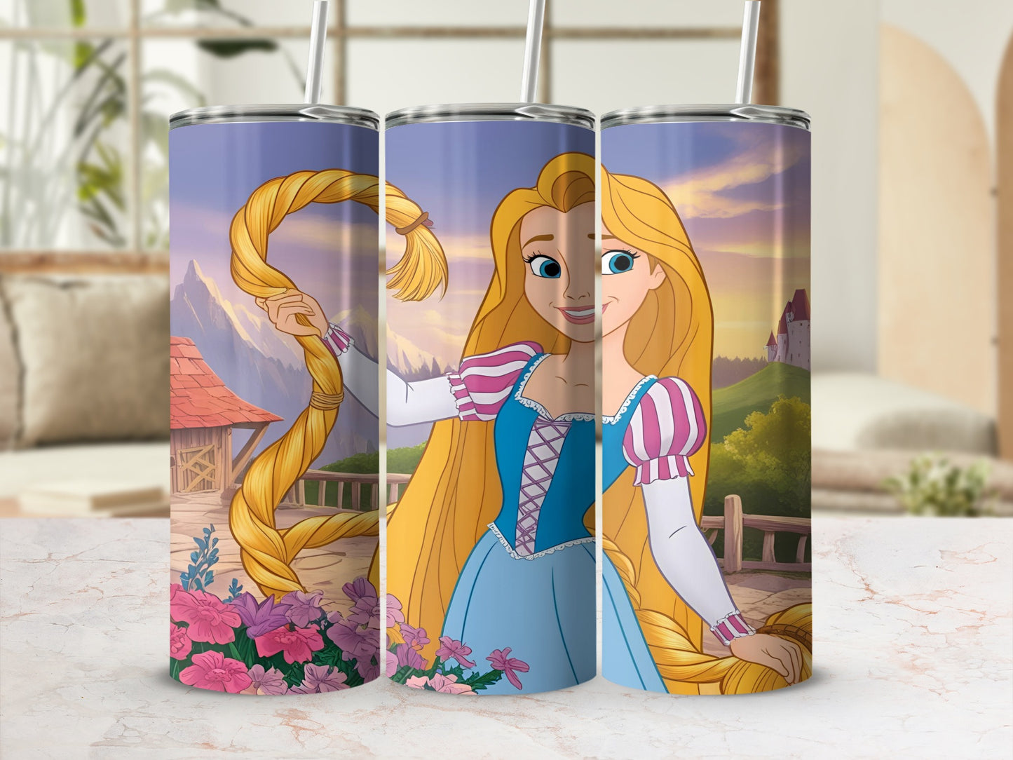 Rapunzel with long blonde hair in a blue dress on a tumbler.