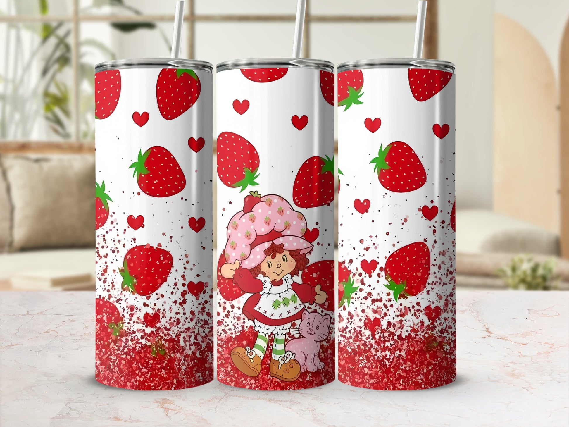 Strawberry Shortcake character on tumbler with strawberries and glitter.