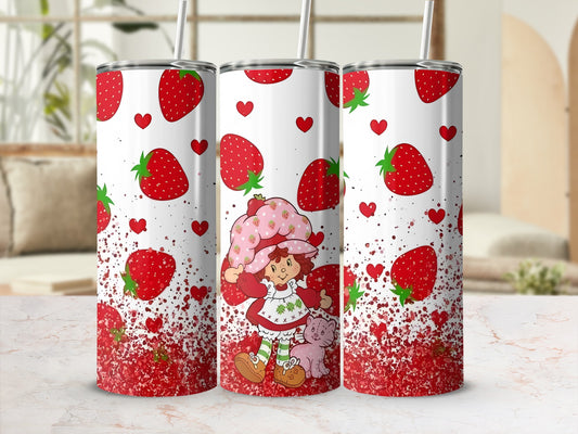 Strawberry Shortcake character on tumbler with strawberries and glitter.