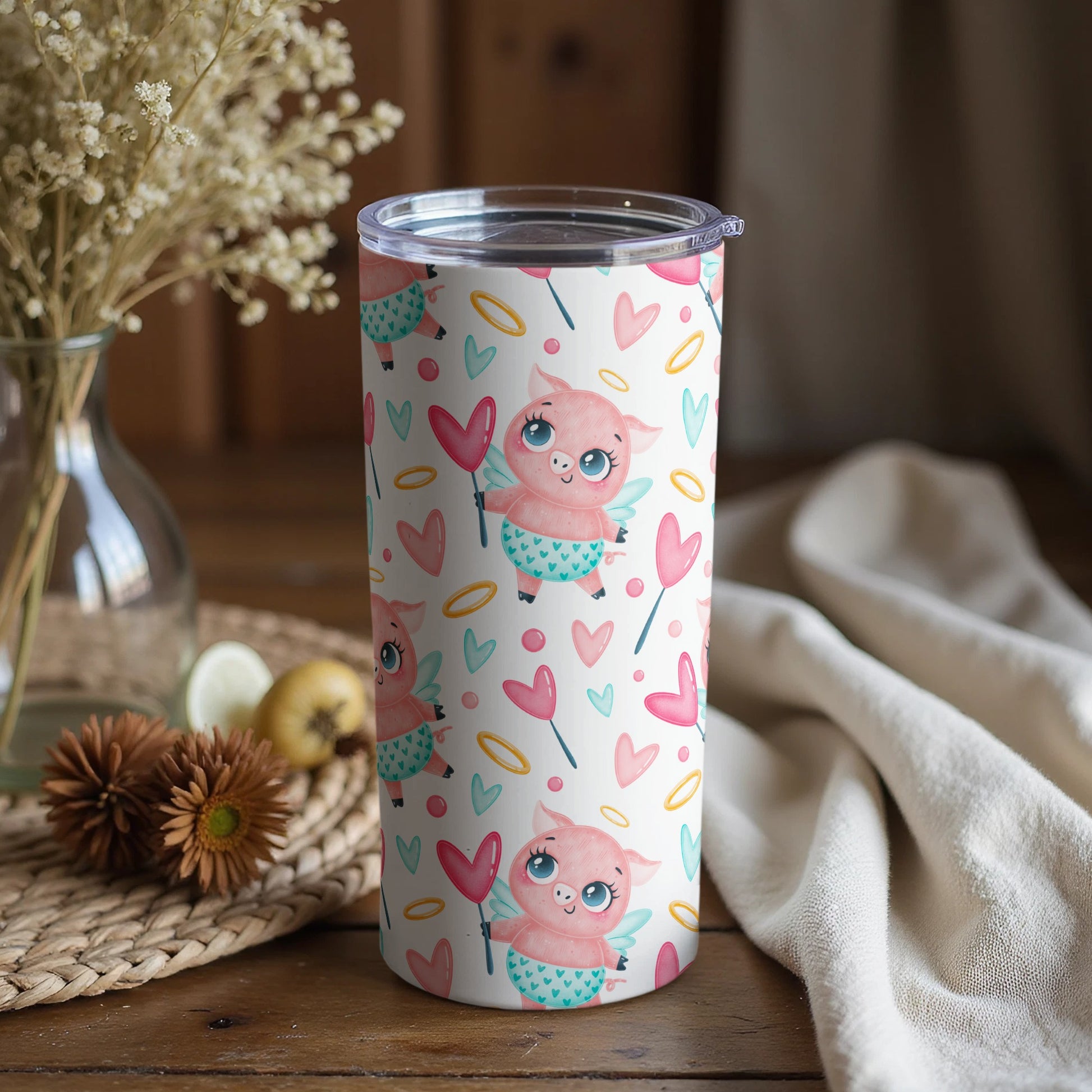 Cute Piggy Hearts Patterned Tumbler for Lovely Beverages