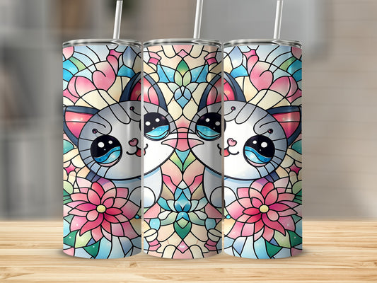 Three tumblers featuring a cute cat with a stained glass floral pattern.