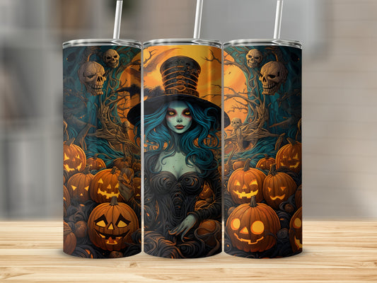Eerie Halloween Witch and Pumpkins Design Tumbler