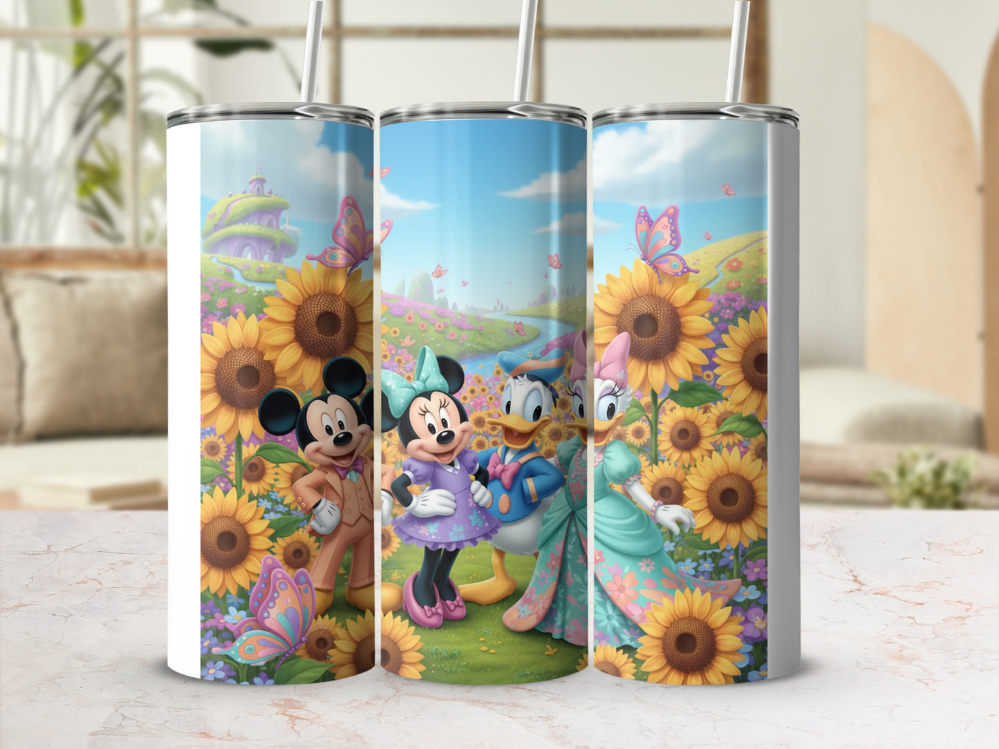 Bright Sunflower and Cartoon Characters Tumbler Cup