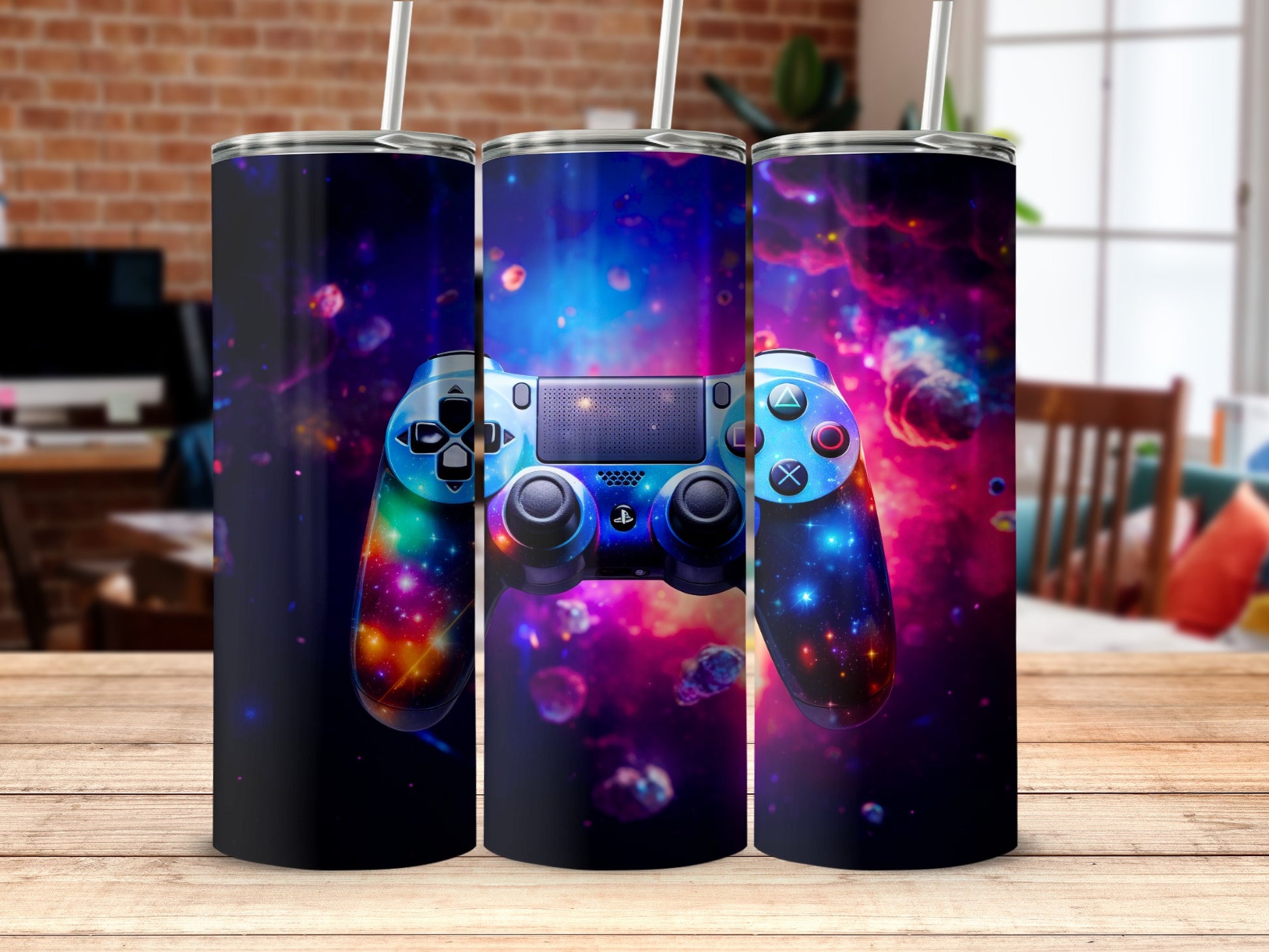 Colorful Gaming Controller On Galaxy Tumbler Cup